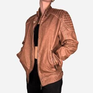 Leather (faux) fitted brown moto jacket - size small from primark